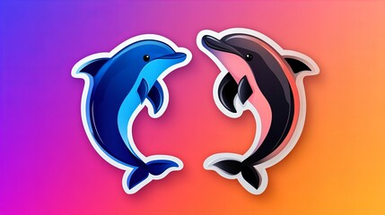 Obraz premium Two playful dolphins leap and twirl against a vibrant gradient backdrop. A cheerful and colorful illustration.