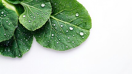 Close up of turnip leaves with water droplets, isolated on a clean white surface