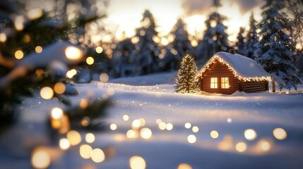 Fototapeta premium Cozy Winter Cabin Scene Illuminated by Festive Lights