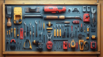 A Comprehensive Collection of Essential Hand Tools Organized Neatly on a Wall Display with Vibrant Colors and Various Sizes for DIY Projects and Professional Use