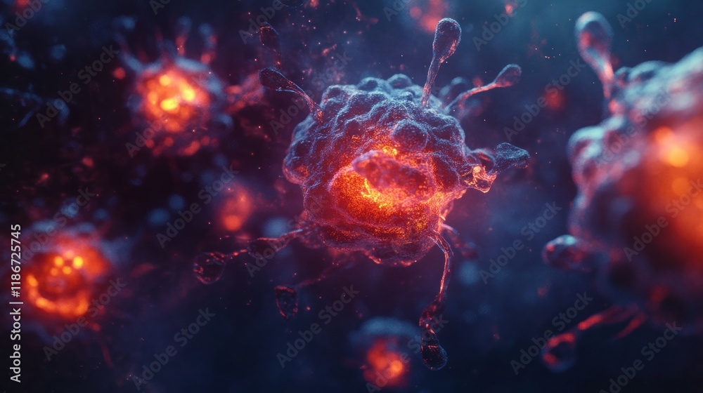 Poster glowing edges illuminate cancer cells under microscopic observation in a laboratory setting. generat