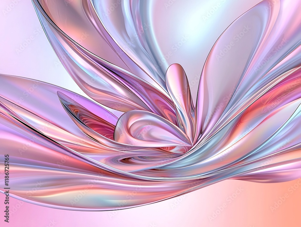 Poster striking abstract design featuring mesmerizing swirling shapes in an iridescent prismatic compositio