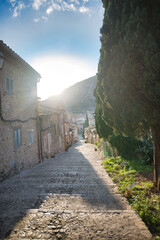 The Calvary Staircase with a view of the town of Pollensa in Mallorca
