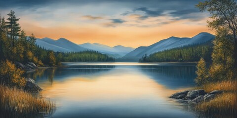 Serene lake scene during a tranquil evening, showcasing the stunning mountains in the backdrop, capturing the essence of calm at the lake. The lake reflects the peaceful ambiance beautifully.