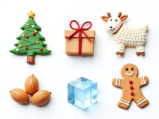 Christmas Symbols Made From Tree, Gift, Wool, Ice, Gingerbread, And Nuts Are Isolated On A White Background. 00003