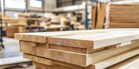 A large stack of natural solid birch boards is ready for table legs production in a contemporary carpentry warehouse, showcasing the quality and versatility of natural solid birch in woodworking.