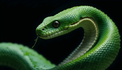 Fototapeta premium Close-up of a vibrant green snake with brown eyes and a forked tongue against a dark background displaying its detailed scales
