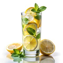 Refreshing Infused Water with lemon slices and mint leaves in a tall glass creating a vibrant and invigorating atmosphere against a clean white background