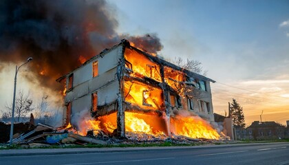 A building on the verge of collapse after a fire breaks out, with flames rising from gaps in the walls and debris falling.