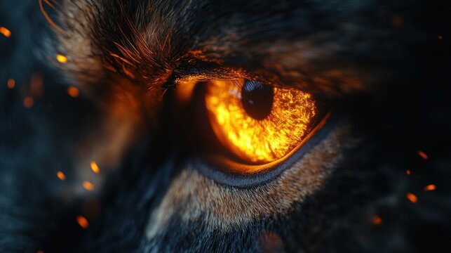 Fiery wolf eye close-up, sparks fly, dark background.