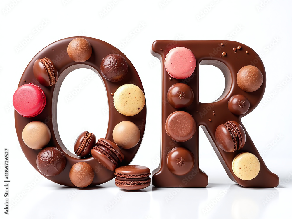 Poster Chocolate Pralines And Macarons Feature In Letters Q And R Isolated Against A Clean White Background For Unique Presentation. 00001