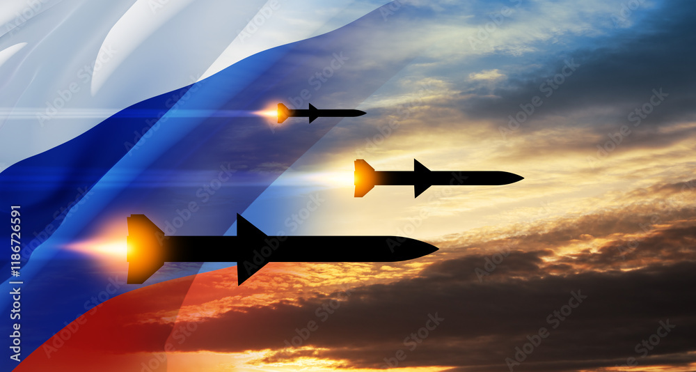 Wall mural Fired missiles fly to the target. Missiles at the sky at sunset with Russian flag.