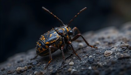 A close-up macro shot of a beetle with intricate orange patterns on its dark shell resting on a textured rocky surface