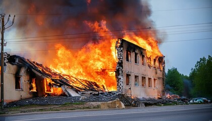Fototapeta premium A building on the verge of collapse after a fire breaks out, with flames rising from gaps in the walls and debris falling.