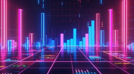 Futuristic digital landscape with neon bars and grids, showcasing vibrant colors and data visualization. This immersive scene evokes sense of technology and innovation