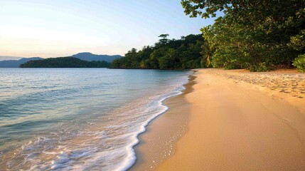 Serene Tropical Beach Sunrise Gentle Waves Calm Ocean Sandy Shore Tranquil Island Paradise