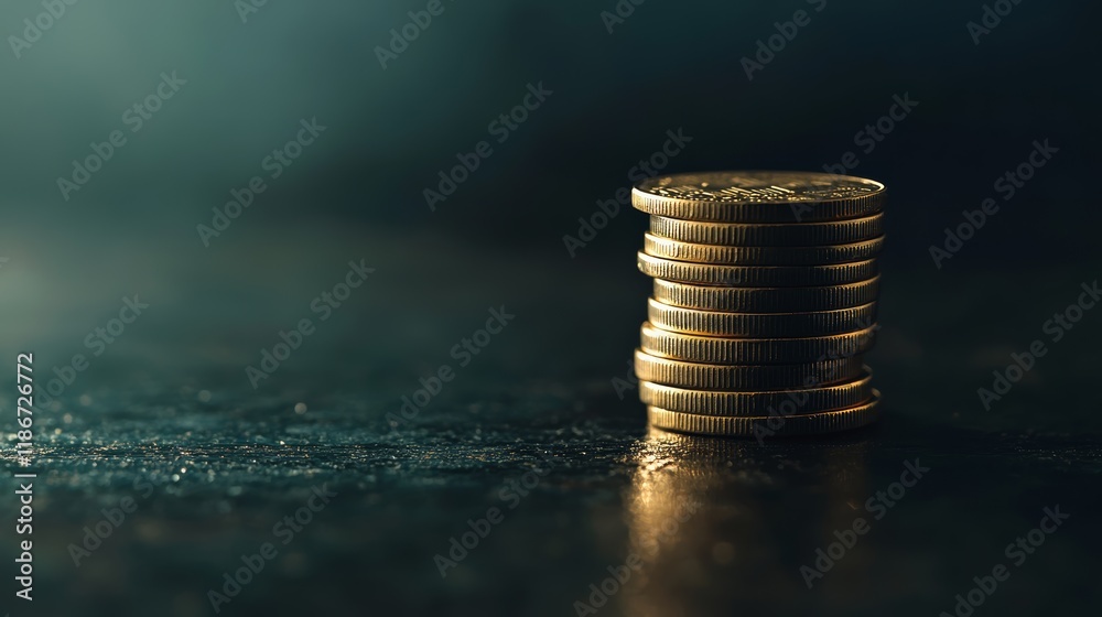 Poster Golden coins stacked together on a dark surface, creating a visual representation of savings, wealth, investment, and financial growth