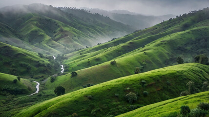 Fototapeta premium hills under a soft drizzle, with rainwater forming rivulets that cascade down ai