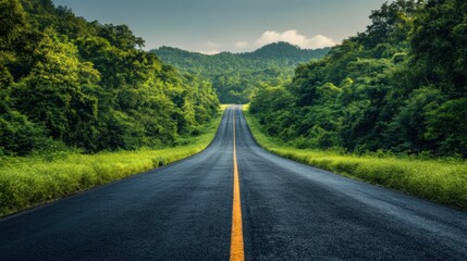 Fototapeta premium Scenic asphalt road through lush green forest, leading to distant mountains under a cloudy sky.