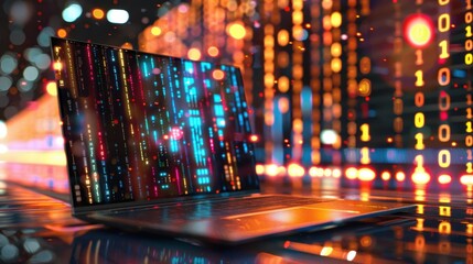 Fototapeta premium laptop displaying vibrant data streams and binary code, symbolizing technology and digital innovation. colorful lights create dynamic atmosphere of information flow