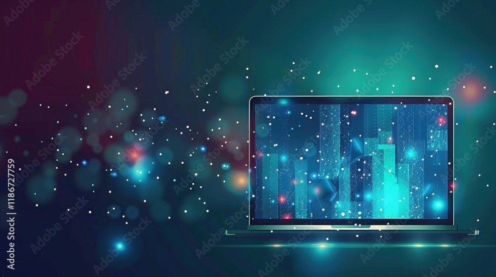 Poster digital laptop with glowing data visualization and colorful particles, representing technology and i