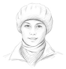 woman smiling wearing hat pencil drawing