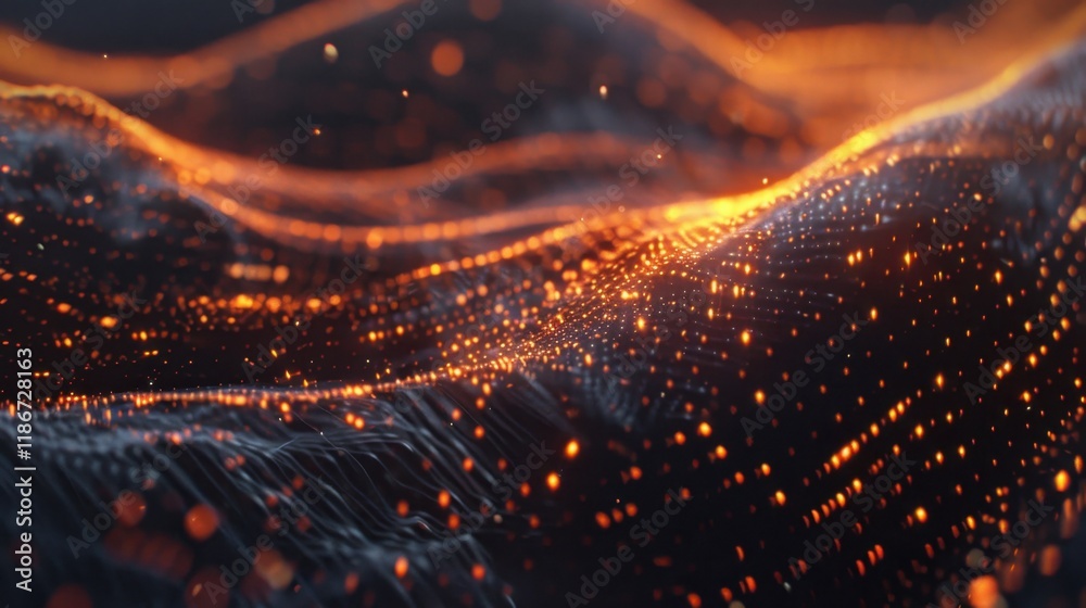 Fototapete Dynamic abstract waves of glowing particles create mesmerizing visual effect, showcasing vibrant orange and black colors that evoke sense of energy and movement