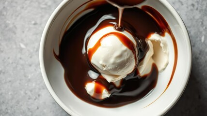 A bowl filled with a scoop of creamy white ice cream and a generous pouring of warm rich dark chocolate syrup, bowls, icecream, food