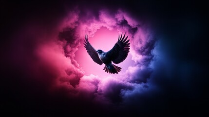Fototapeta premium A majestic bird in flight, soaring through a vibrant pink and purple sky. A breathtaking display of nature's beauty.