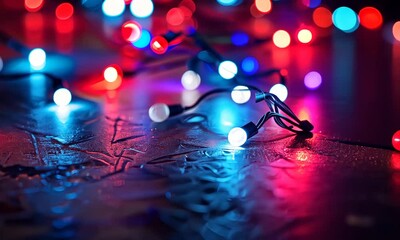 Red and blue fairy lights over icy surface, glowing softly - Powered by Adobe