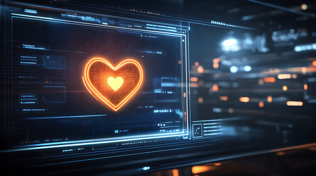 A digital screen displaying a glowing heart-shaped notification icon, with a futuristic interface in the background. - Powered by Adobe