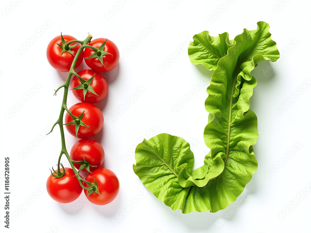 Poster cherry tomatoes and lettuce letters i and j isolated on a white background create a unique vegetable