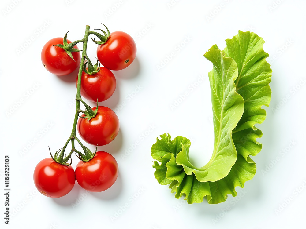 Aufkleber cherry tomatoes and lettuce letters i and j isolated on a white background create a unique vegetable
