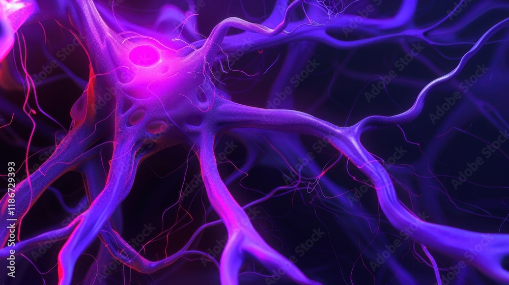 Poster neurons in vibrant colors, showcasing intricate connections and structures, representing complexity 