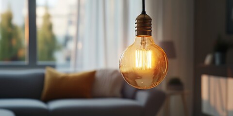 Beautiful golden yellow light bulb glowing softly, casting warmth and charm. This stunning golden yellow light bulb enhances any setting, creating a perfect ambiance with its beauty.