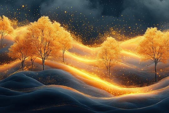 Golden Trees on a Mystical, Snow-Covered Landscape