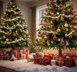 A beautifully lit Christmas tree with a variety of ornaments and a snow-covered background, festive, branches, tree
