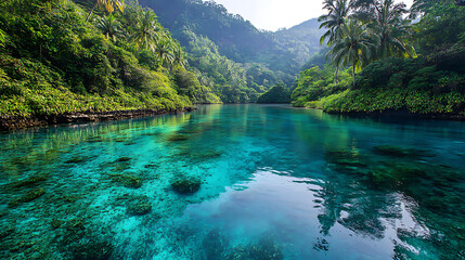 A peaceful lagoon with crystal-clear water, surrounded by lush greenery and calm reflections on a sunny day