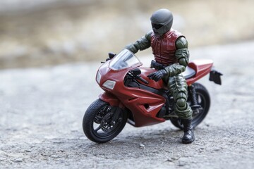 Naklejka premium A toy figure of a man riding a red motorcycle, suitable for illustration or design projects