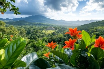 A panoramic shot of the jungle surrounding Uxmal, with the ancient ruins peeking through the dense greenery