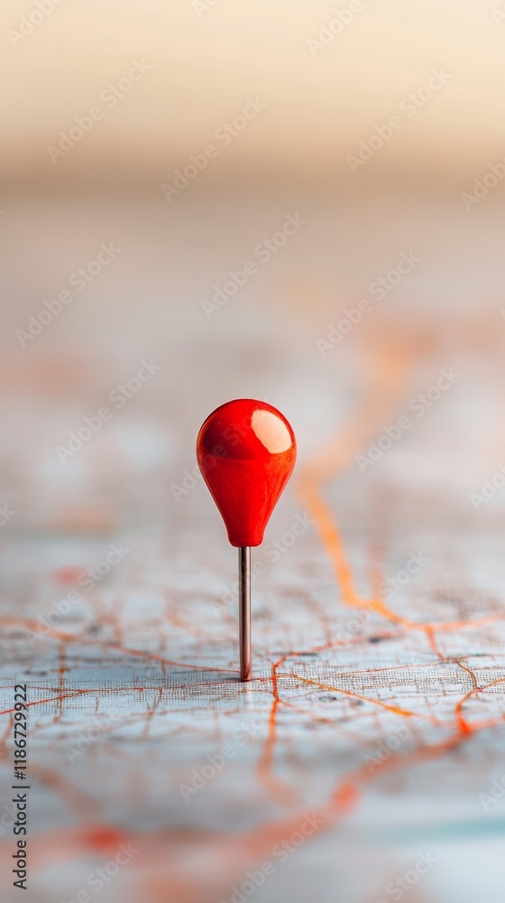 Poster Red push pin marking a specific location on a blurred map, representing concepts such as travel, navigation, destination planning, and cartography