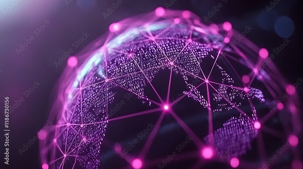 Poster close-up view of an abstract digital representation of a global network with bright pink nodes and c
