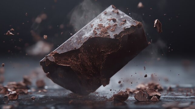 A piece of dark chocolate snapped in half, with fine details of the break showing the textures of the cocoa. A few crumbs scatter below, creating a simple yet enticing composition. 