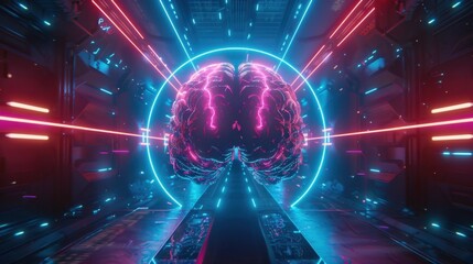 Obraz premium vibrant digital brain illuminated by neon lights in futuristic setting, showcasing advanced technology and creativity. scene evokes sense of innovation and exploration