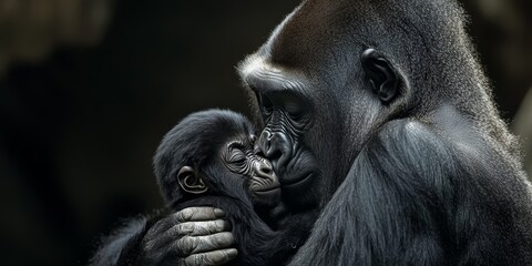 Obraz premium Baby western lowland gorilla nursing with tenderness, showcasing the intimate bond between the baby western lowland gorilla and its caregiver in a natural setting.