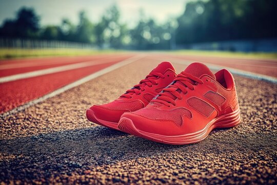 A pair of red sneakers sitting on a track, possibly waiting for a runner - Powered by Adobe