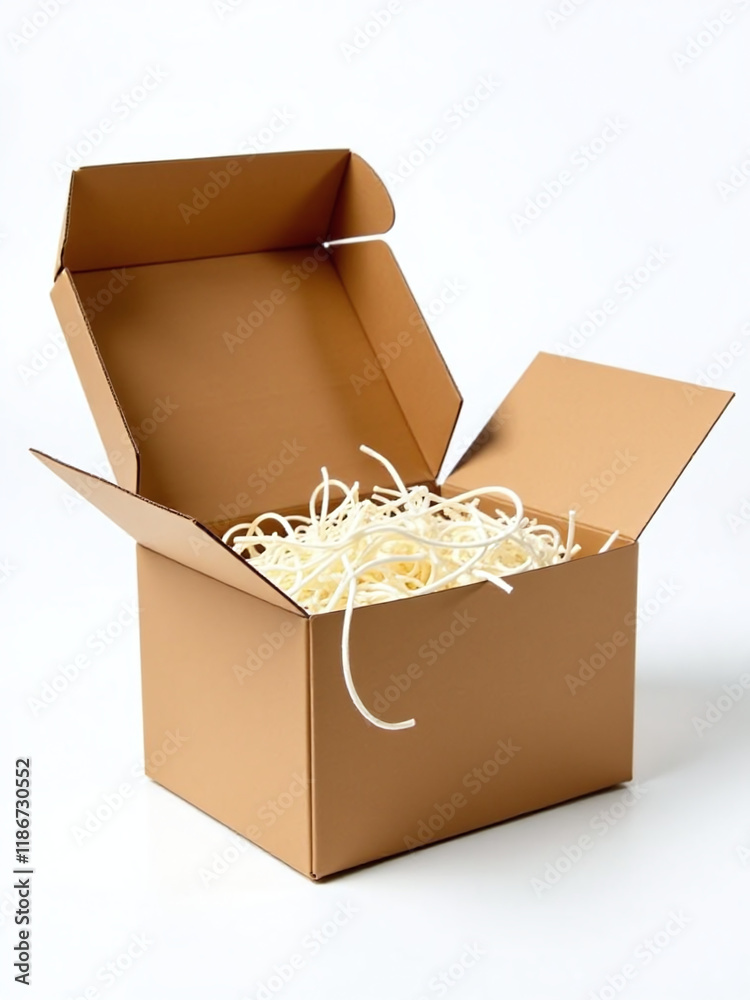 Poster cardboard box with decorative shredded white paper and a straw insert has an opening lid, isolated a