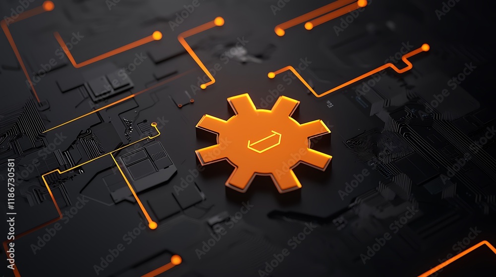 Poster close-up of interconnected gears and circuit elements with a modern design featuring vibrant orange 