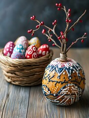 Obraz premium A rustic Easter scene with a wicker basket overflowing with colorful, decorated eggs, nestled beside a blooming branch on a weathered wooden table.