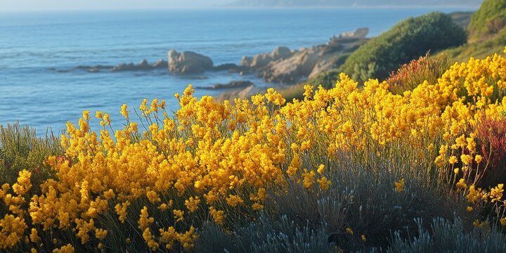 Vibrant Spanish Broom Spartium junceum showcases its beauty along a coastal landscape, highlighting the striking features of Spanish Broom in a serene natural setting.